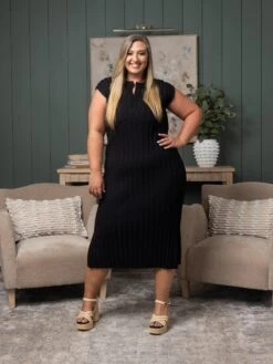 Ribbed Split Neck Fitted Long Dress | S-3X -Dress Delight 052d3aec68ea3ee623fea50e147f05b5