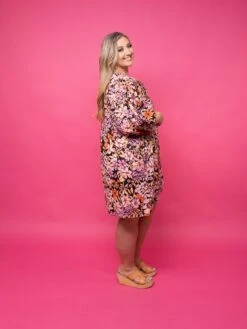 Floral Center Tie Front Mini Dress W/ 3/4 Puff Sleeves | S-3X -Dress Delight 28c7b2d4a47c70ebb80055e57122ea19