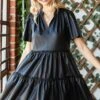 Faux Leather Short Sleeve Ruffled Tiered Dress | S - 3X