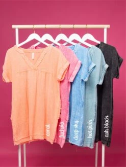 Zenana Washed Double Gauze Raw Edge V-Neck Dress | S - XL -Dress Delight 3a3501527a5da8cca087f8a99b2553f6