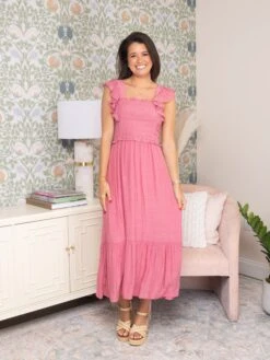 August Sky Smocked Bodice Short Sleeve Midi Dress | S-L -Dress Delight 3a995d6b6e1be34f00fffb29089c475f