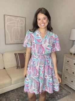 Paisley Print V-Neck Smocked Waist Dress | S - 3X