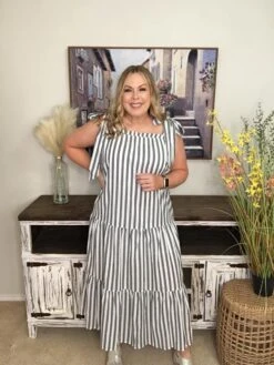Tiered Striped Dress W/ Adjustable Tie Straps | S-3X