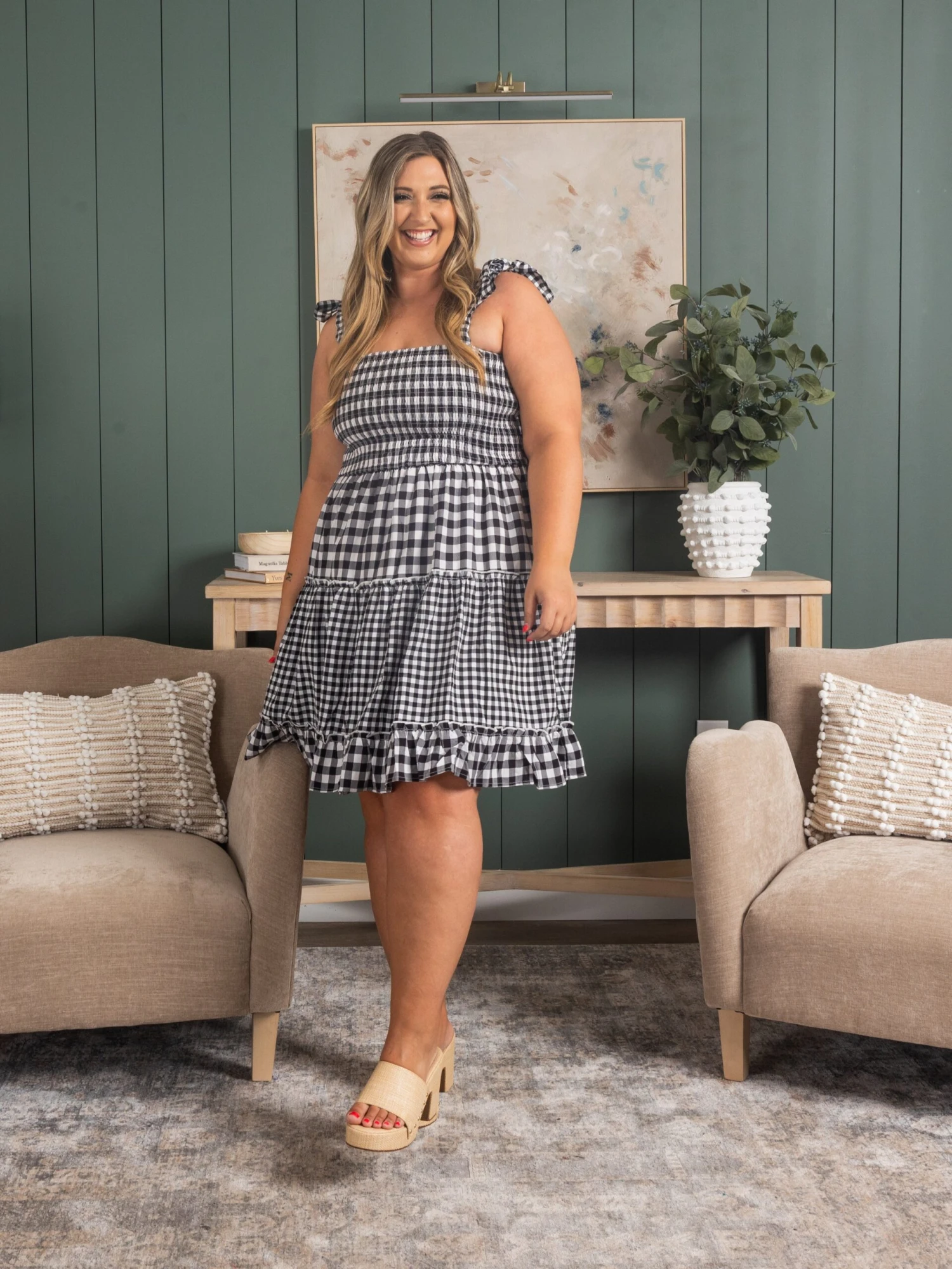 Smocked Gingham Print Dress W/ Tie Straps | S-3X 1 Smocked Gingham Print Dress W/ Tie Straps | S-3X