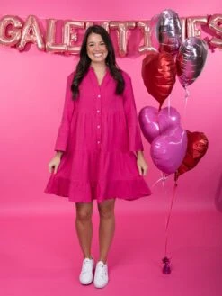 Crinkle Tiered Button Down Long Sleeve Shirt Dress| S-XL