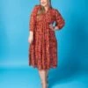 Metallic Printed Ruffled V-Neck 3/4 Sleeve Tiered Dress | S - L