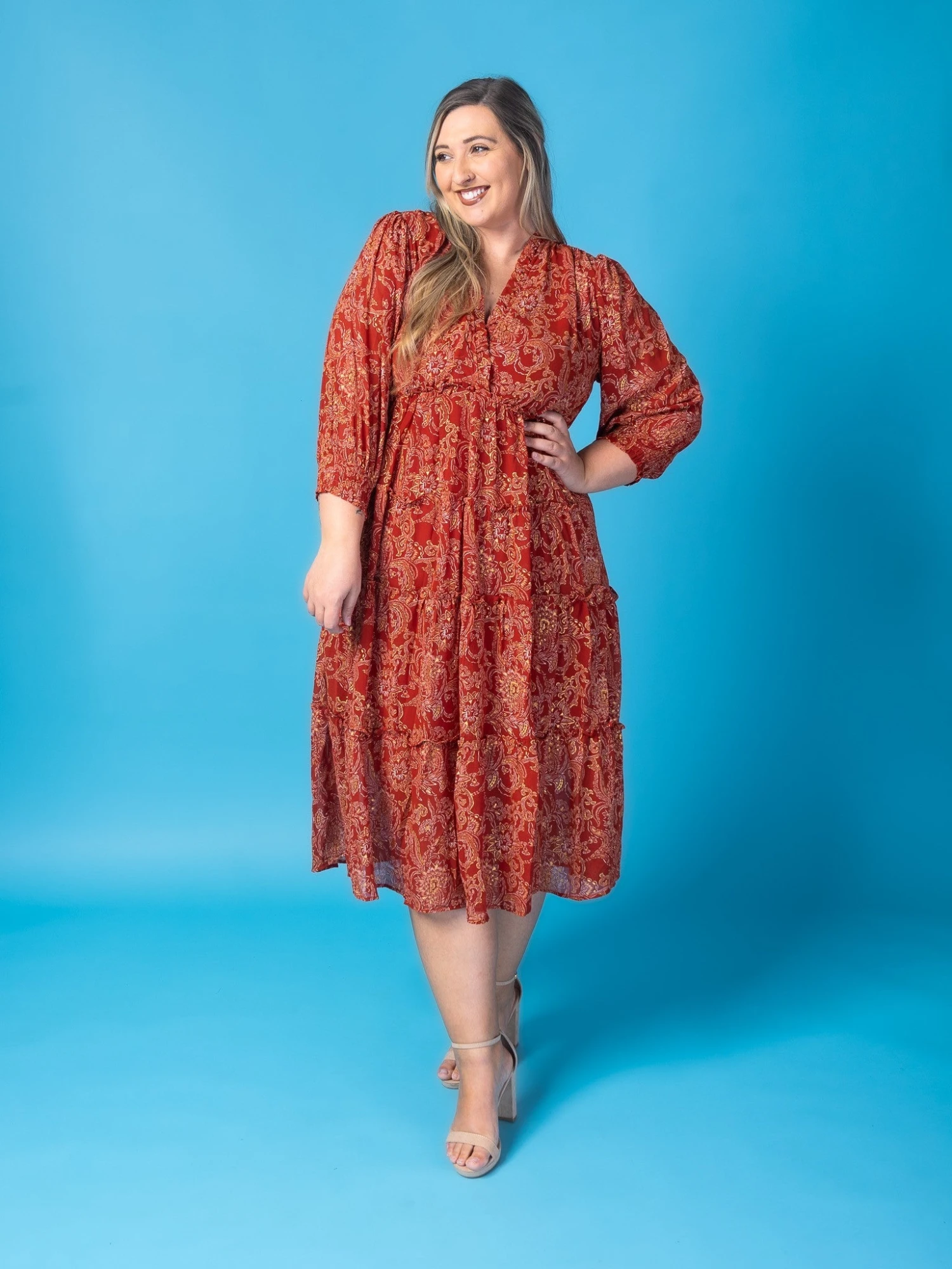 Metallic Printed Ruffled V-Neck 3/4 Sleeve Tiered Dress | S - L 1 Metallic Printed Ruffled V-Neck 3/4 Sleeve Tiered Dress | S - L