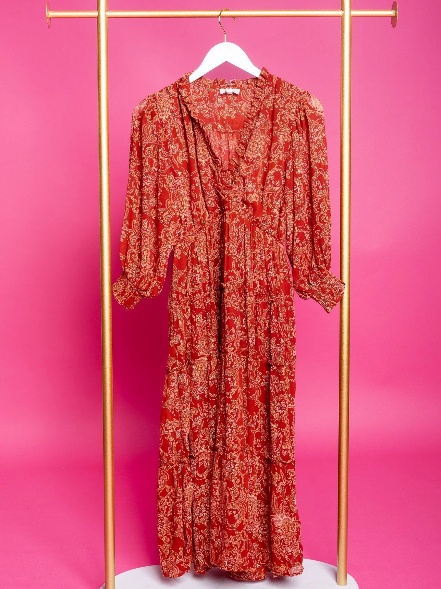 Metallic Printed Ruffled V-Neck 3/4 Sleeve Tiered Dress | S - L 3 Metallic Printed Ruffled V-Neck 3/4 Sleeve Tiered Dress | S - L - Image 3