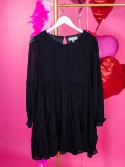 Long Sleeve Round Neck Textured Tiered Dress W/ Pockets | S-L