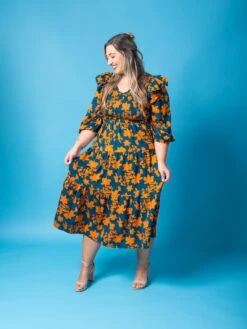 Ruffled V-Neck 3/4 Sleeve Printed Smocked Midi Dress | S - L