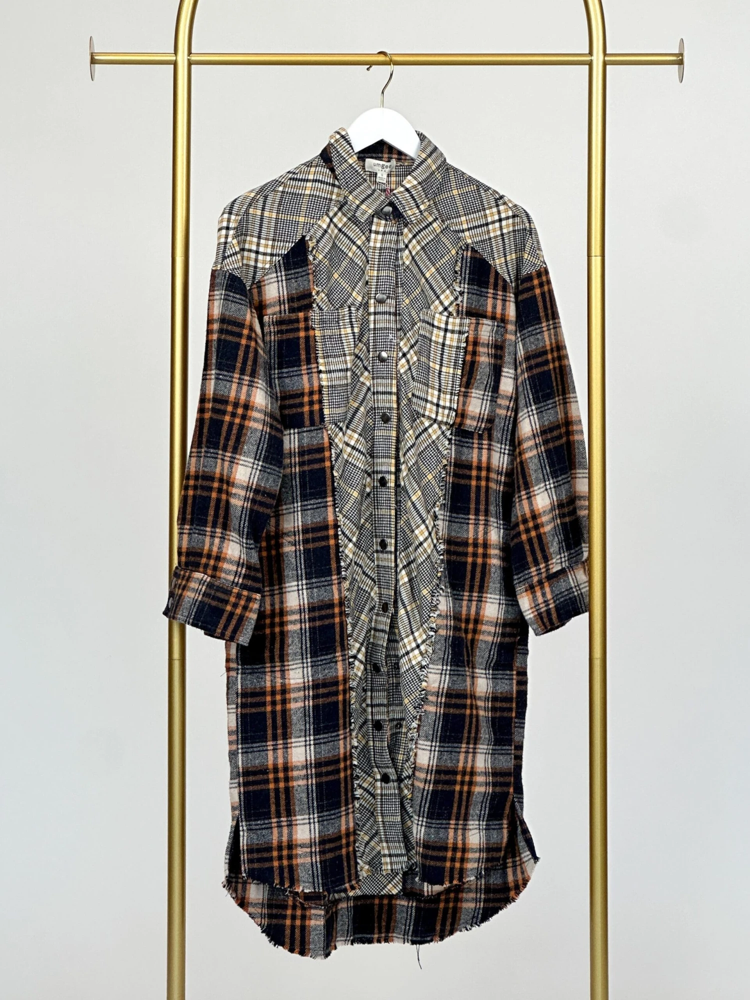 Mixed Plaid High Low Collared Button Down Long Sleeve Hem Dress | S - L 1 Mixed Plaid High Low Collared Button Down Long Sleeve Hem Dress | S - L