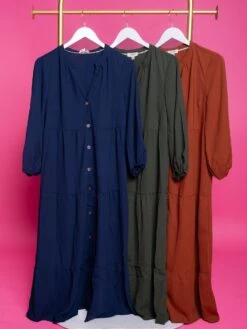 V-Neck Button Down Long Sleeve Midi Dress | S - L