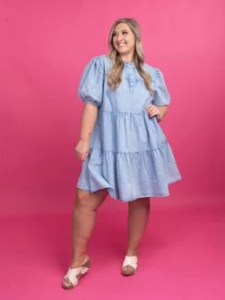 Washed Denim Button Up Mini Dress W/ Short Puff Sleeves | S-3X