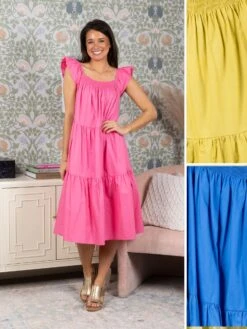 Poplin Tiered Square Neck Flutter Sleeve Midi Dress | S - 3XL