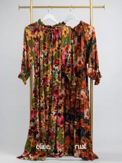 3/4 Sleeve Floral Print Ruffle Neck Midi Dress | S-L