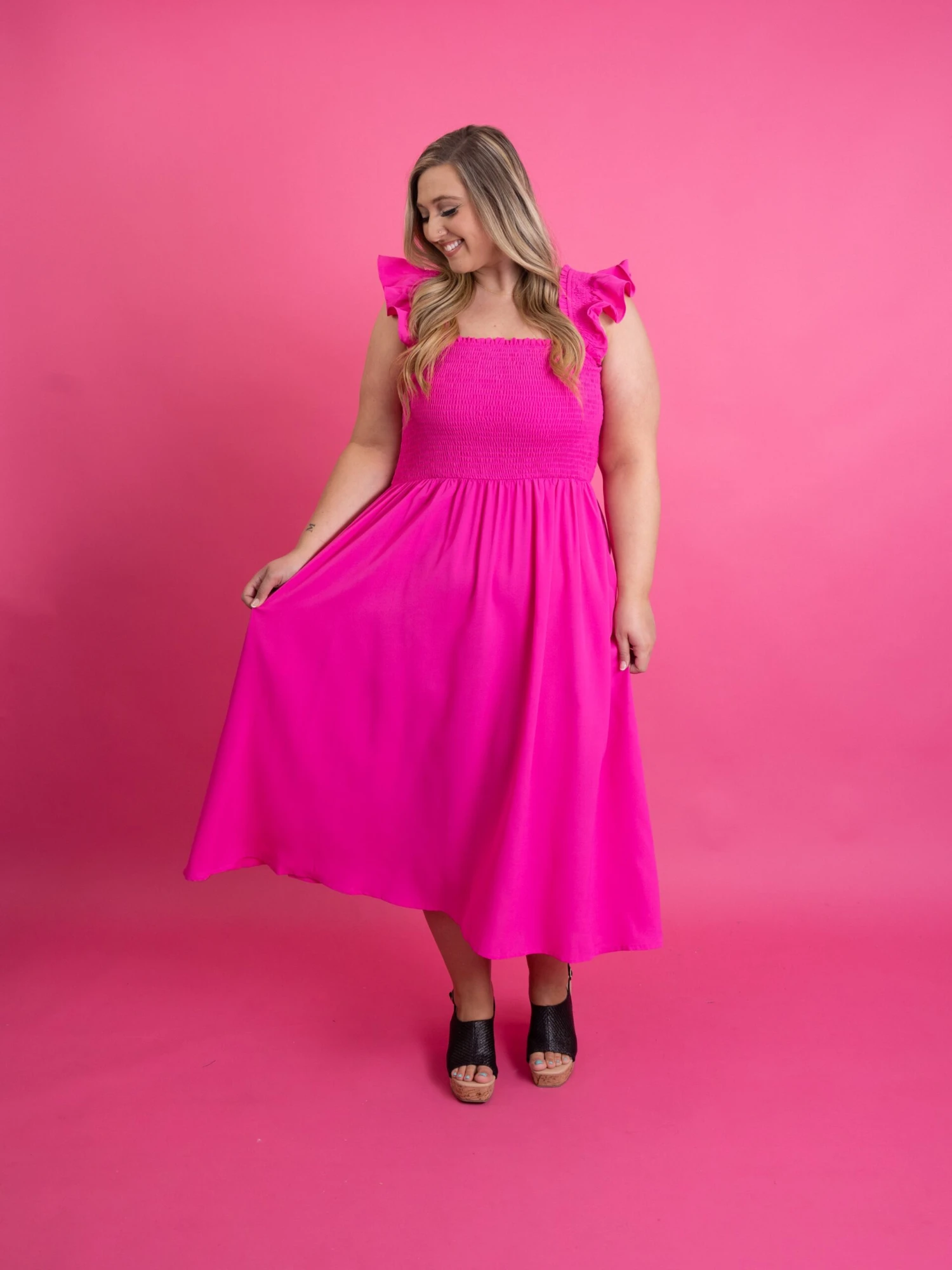 Smocked Bodice Square Neck Midi Dress W/ Ruffle Sleeves | S-3X 6 Smocked Bodice Square Neck Midi Dress W/ Ruffle Sleeves | S-3X - Image 6