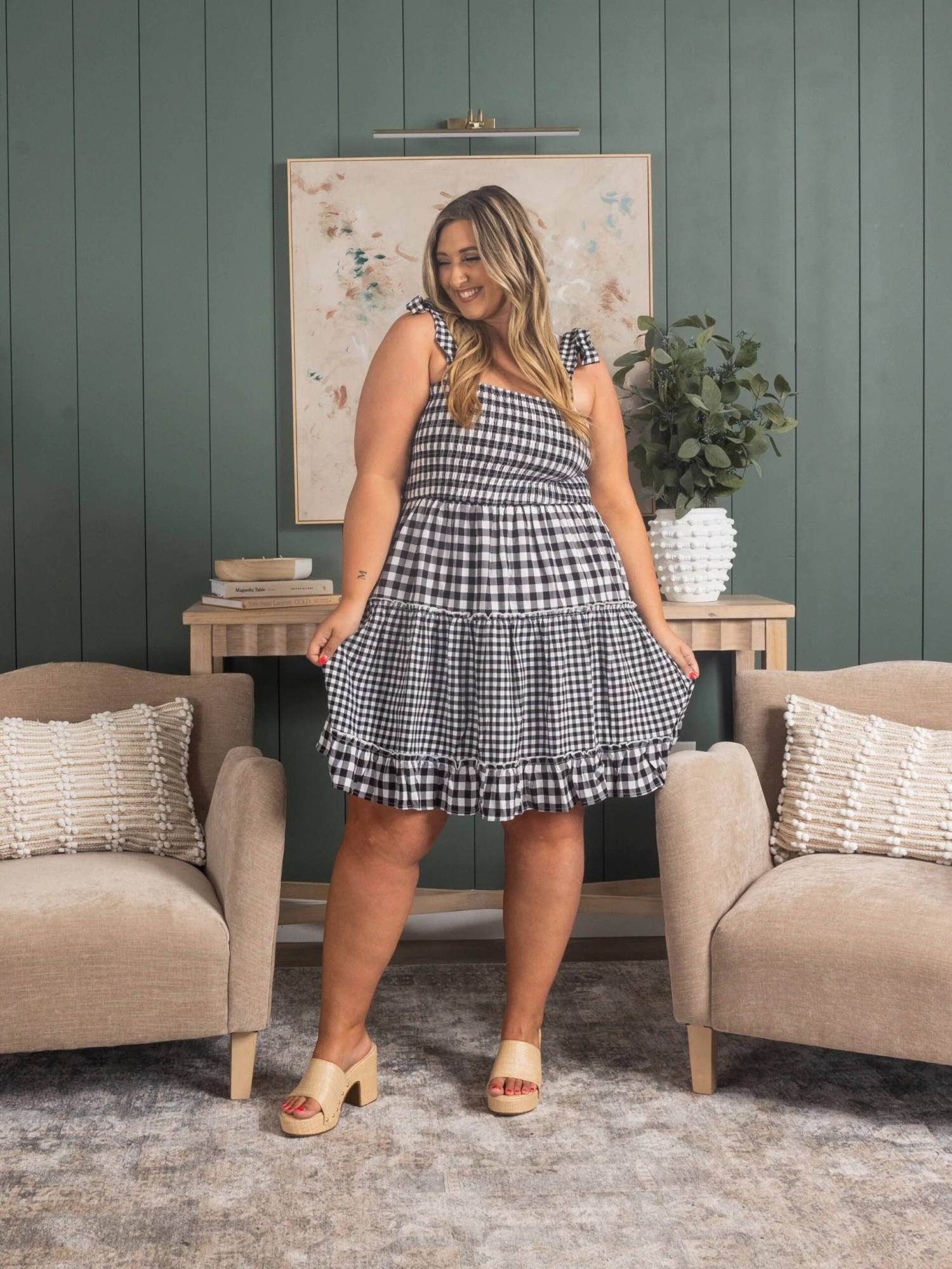 Smocked Gingham Print Dress W/ Tie Straps | S-3X 2 Smocked Gingham Print Dress W/ Tie Straps | S-3X - Image 2