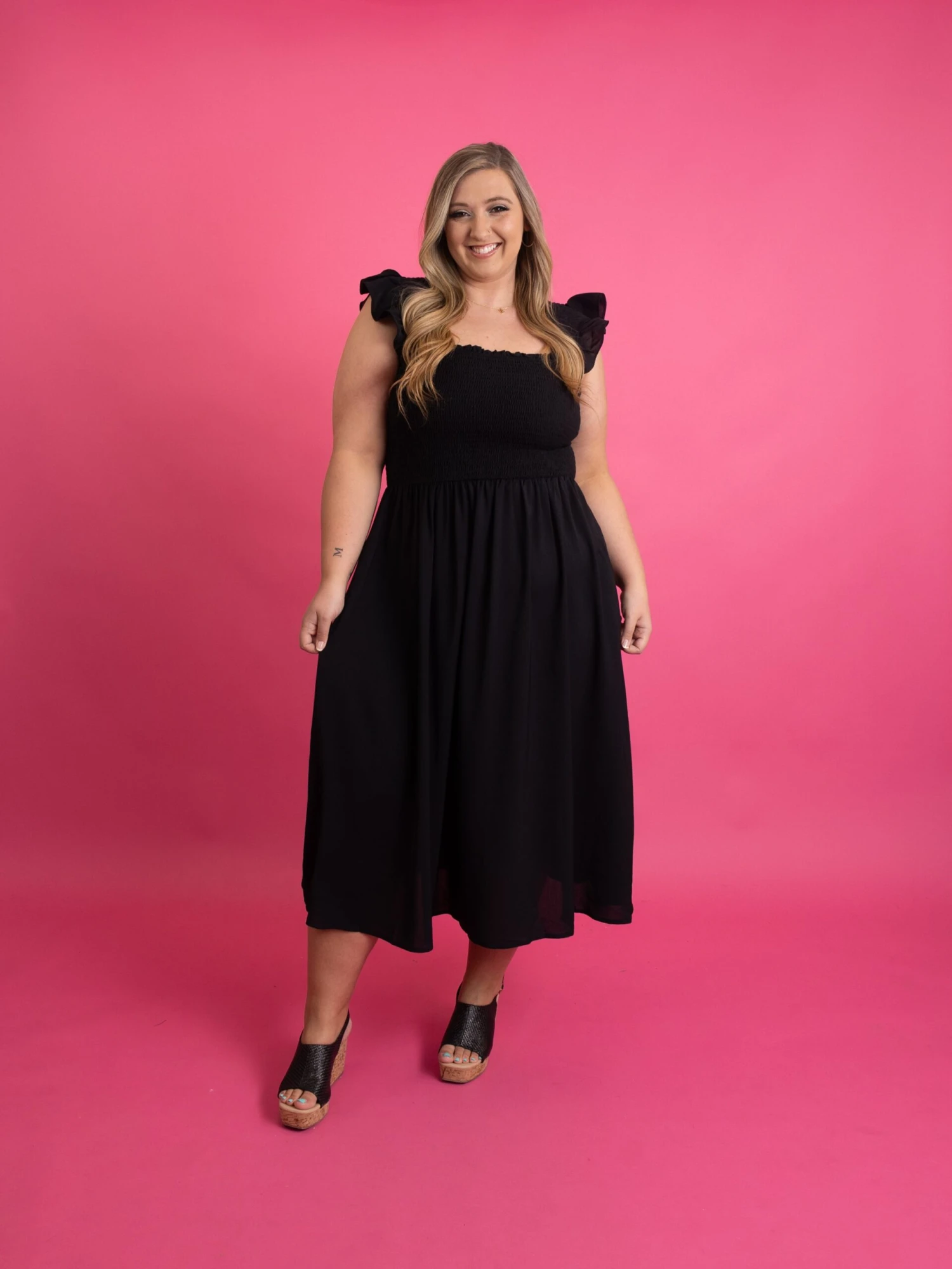 Smocked Bodice Square Neck Midi Dress W/ Ruffle Sleeves | S-3X 3 Smocked Bodice Square Neck Midi Dress W/ Ruffle Sleeves | S-3X - Image 3