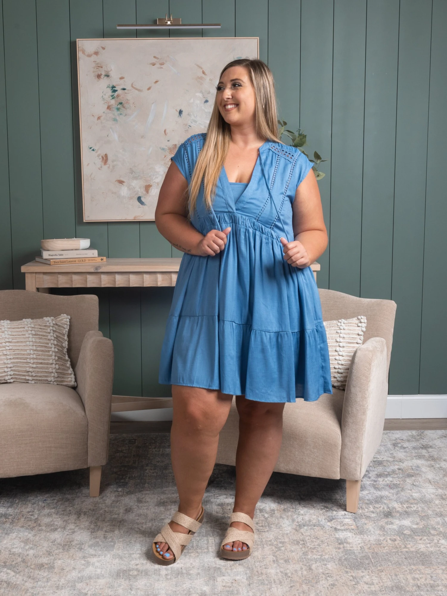 Lace Inset Split Neckline Tie Closure Mini Dress | S - 3XL Summer Concerts & Festivals 7 Lace Inset Split Neckline Tie Closure Mini Dress | S - 3XL Summer Concerts & Festivals - Image 7