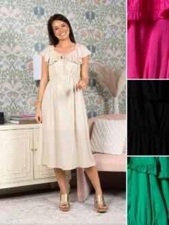 Ruffle Sleeve Cotton Linen Dress | S - L