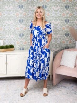 Leaf Pattern Square Neckline Baby Doll Short Sleeves Midi Dress | S-3X -Dress Delight c5ca2e0ab7eea1b88dba282dc0463b71