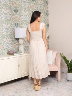 August Sky Smocked Bodice Short Sleeve Midi Dress | S-L -Dress Delight d75cf37183bc560305306dad7fc6ba44