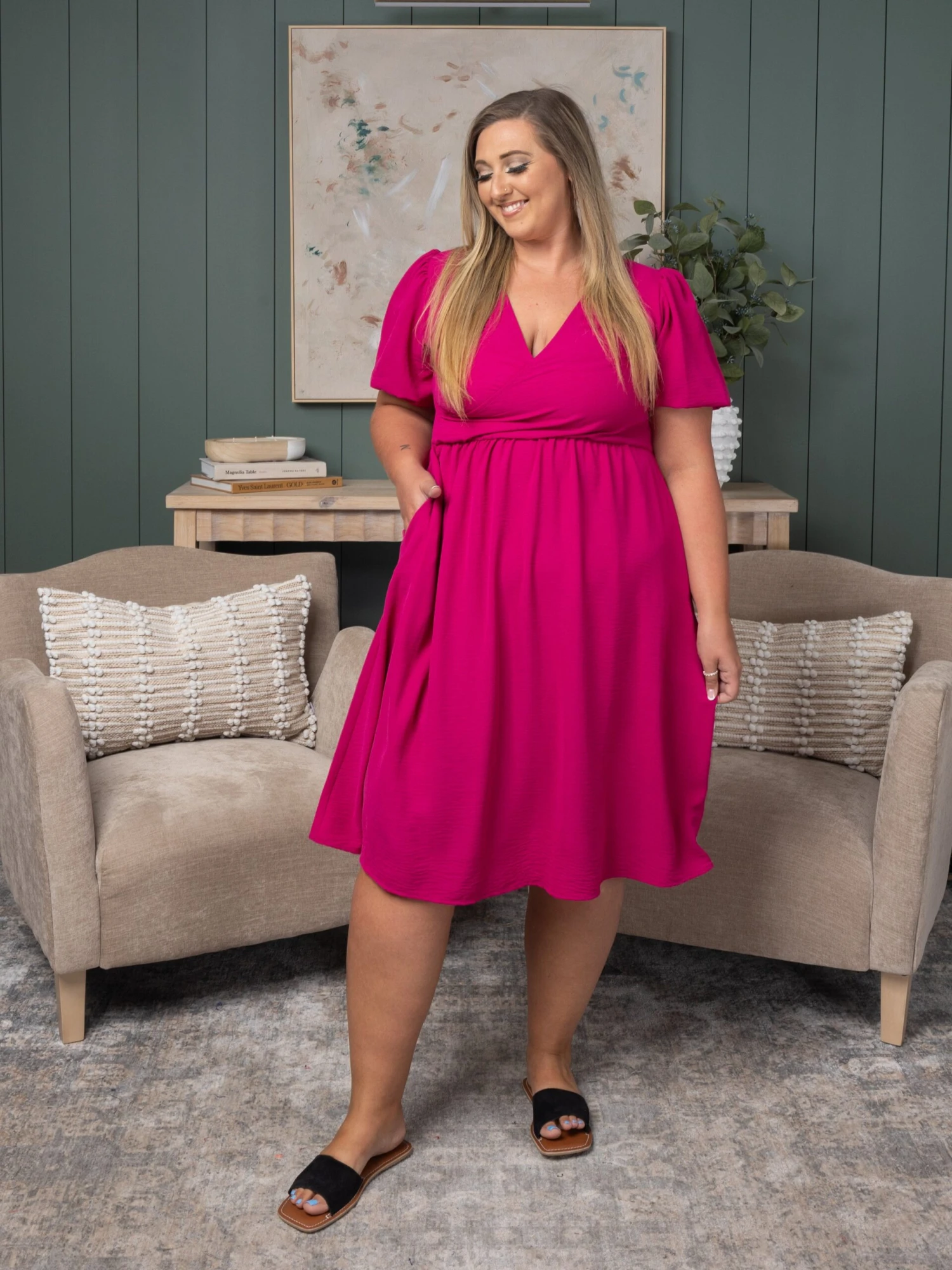 Solid Dress V-Neck W/Ruffled Sleeves | S-L 2 Solid Dress V-Neck W/Ruffled Sleeves | S-L - Image 2