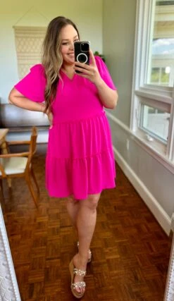 Short Sleeve Split Neck Tiered Short Dress | S-3X -Dress Delight ef24e3b3d7f299649074d3dc8b2732ad