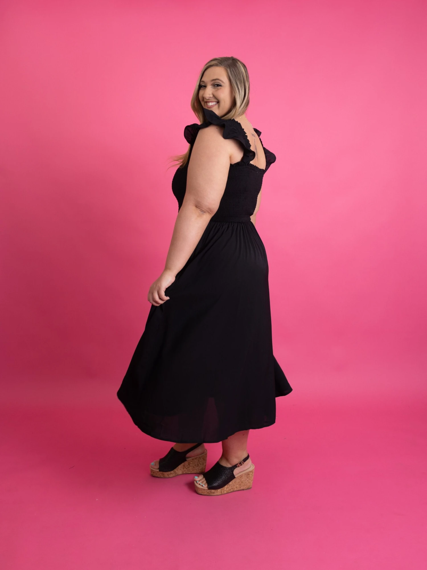 Smocked Bodice Square Neck Midi Dress W/ Ruffle Sleeves | S-3X 4 Smocked Bodice Square Neck Midi Dress W/ Ruffle Sleeves | S-3X - Image 4