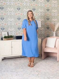 Peasant Sleeve Split Neck Midi Dress | S-3X -Dress Delight f32a1ff1f8e9745637af933017d857a1