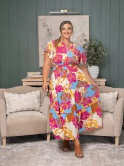 Floral Tiered V-Neck Ruffle Short Sleeves Midi Dress | S-3XL