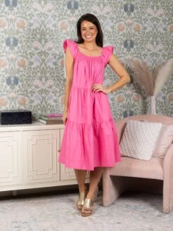 Poplin Tiered Square Neck Flutter Sleeve Midi Dress | S - 3XL -Dress Delight f913432e31c6c3604d3d39388c68fbe6