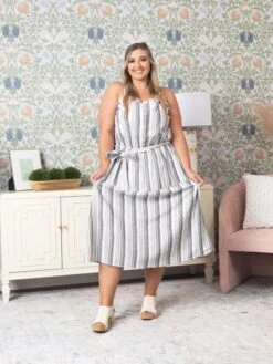 Midi Dress W/ Ruffle Neckline And Waist Tie| S-3X