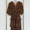 Leopard Print V-Neck 3/4 Sleeve Tiered Ruffle Midi Dress | S - 3XL