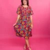 Floral Short Puff Sleeve Smocked Midi Dress | S-L