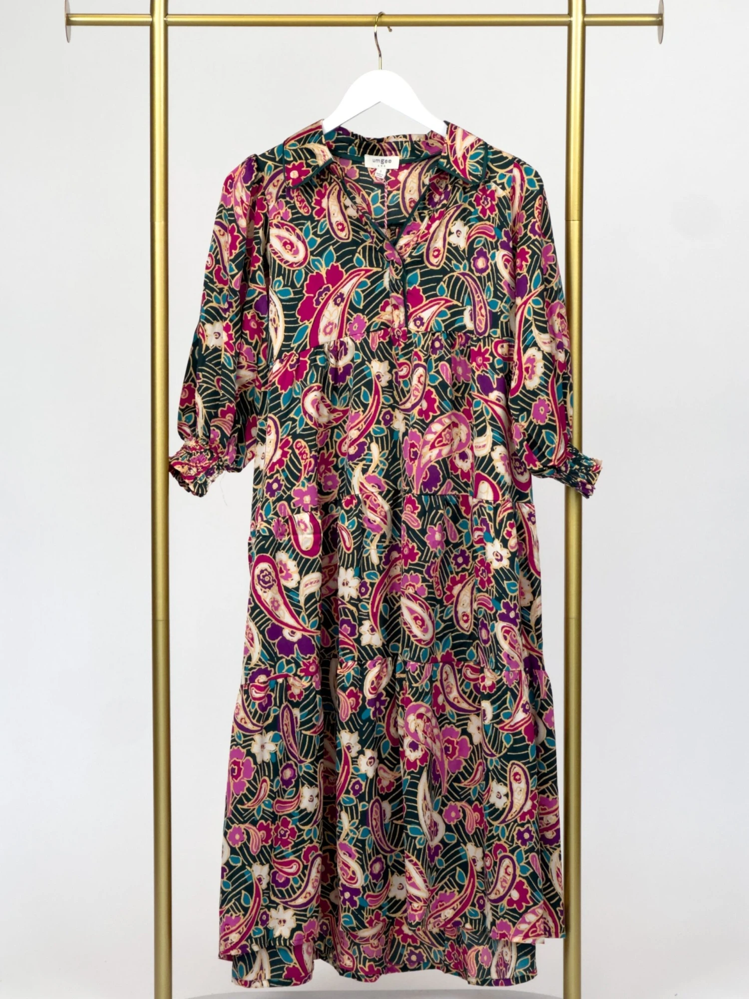 Satin Paisley Floral Mixed Long Sleeve Tiered Midi Collared Dress | S - 2XL 1 Satin Paisley Floral Mixed Long Sleeve Tiered Midi Collared Dress | S - 2XL