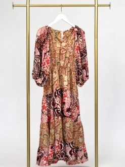 Mixed Print Tiered V Neck Dress With 3/4 Cuffed Sleeve | S - L